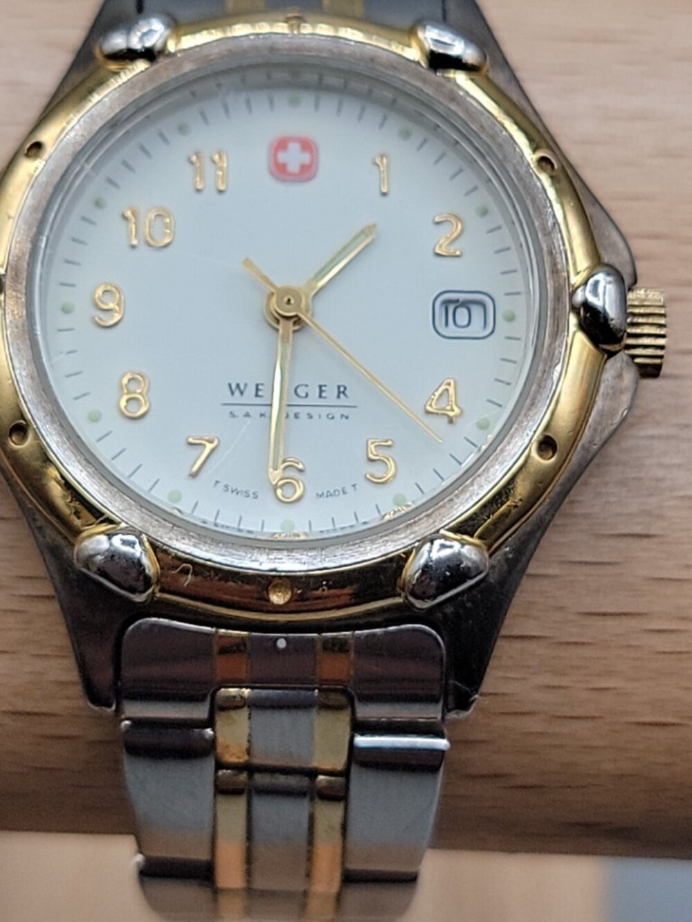 Vtg Wenger SAK Design Ladies Watch Two Tone Date White Dial 100M Water Res 29mm - Picture 2 of 15